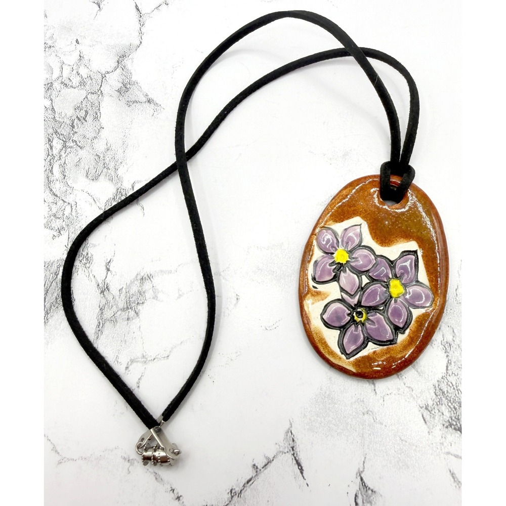 Sunja Remi Signed Floral Pendant Necklace Enamel‎ Flower 18" Cord